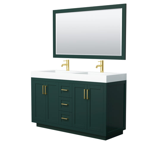 Wyndham Miranda 60 Inch Double Bathroom Vanity in Green, 4 Inch Thick Matte White Solid Surface Countertop, Integrated Sinks, Brushed Gold Trim, 58 Inch Mirror- Wyndham