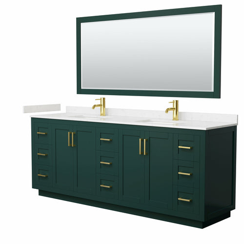 Wyndham Miranda 84 Inch Double Bathroom Vanity in Green, Light-Vein Carrara Cultured Marble Countertop, Undermount Square Sinks, Brushed Gold Trim, 70 Inch Mirror- Wyndham