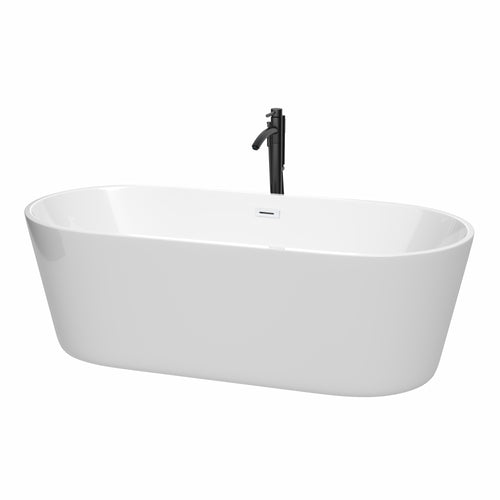 Wyndham Carissa 71 Inch Freestanding Bathtub in White with Shiny White Trim and Floor Mounted Faucet in Matte Black- Wyndham