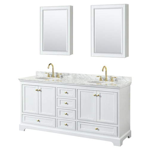 Wyndham Deborah 72 Inch Double Bathroom Vanity in White, White Carrara Marble Countertop, Undermount Oval Sinks, Brushed Gold Trim, Medicine Cabinets- Wyndham