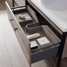 Load image into Gallery viewer, Vinnova Murcia 84&quot; Vanity in Mexican Oak with White Composite Grain Stone Countertop and vessel sink With Mirror- Vinnova