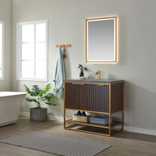 Load image into Gallery viewer, Vinnova Donostia 36" Vanity in Walnut with Grey Composite Armani limestone board stone countertop With Mirror- Vinnova