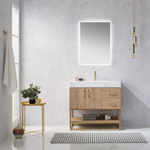 Load image into Gallery viewer, Vinnova Alistair 36&quot; Single Vanity in North American Oak with White Grain Stone Countertop With Mirror- Vinnova