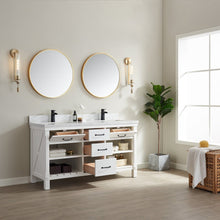 Load image into Gallery viewer, Vinnova Valencia 60&quot; Vanity in White with White Composite Grain Stone Countertop With Mirror- Vinnova