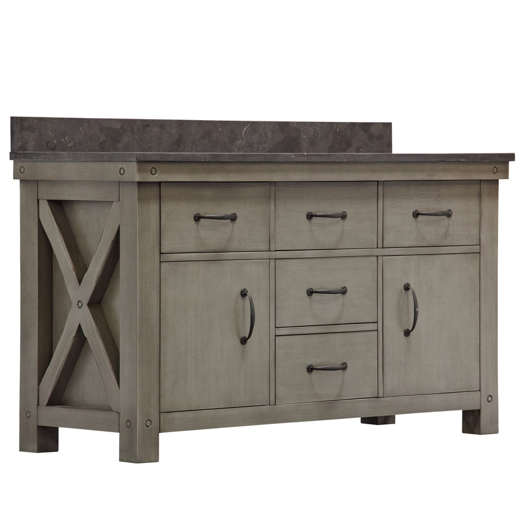 Water Creation 60 Inch Grizzle Grey Double Sink Bathroom Vanity With Mirror With Blue Limestone Counter Top From The Aberdeen Collection- Water Creation