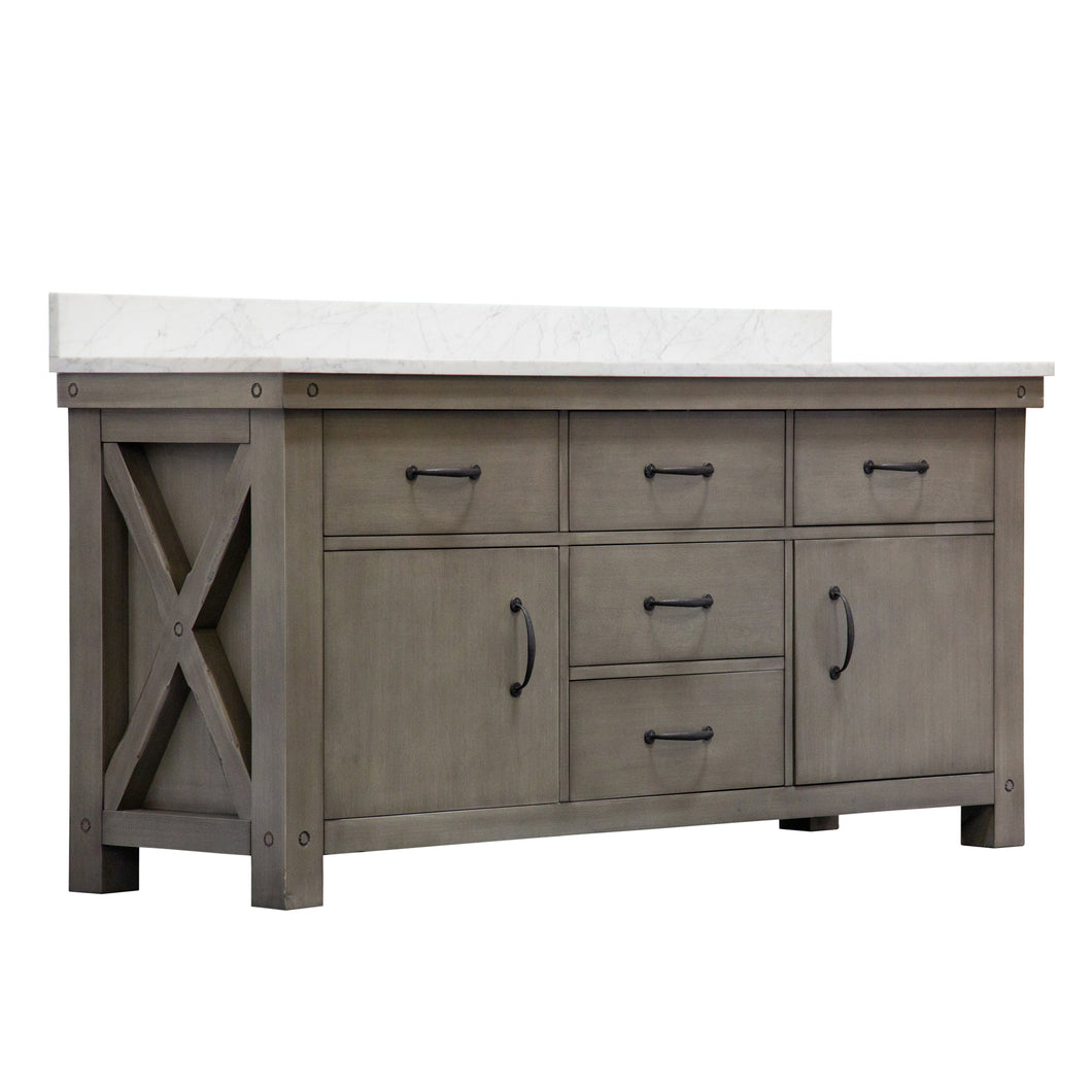 Water Creation 72 Inch Grizzle Grey Double Sink Bathroom Vanity With Faucets With Carrara White Marble Counter Top From The Aberdeen Collection- Water Creation