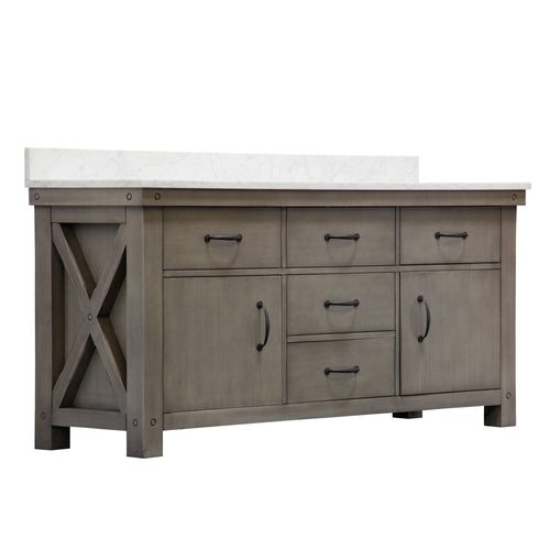 Water Creation 72 Inch Grizzle Grey Double Sink Bathroom Vanity With Mirror And Faucets With Carrara White Marble Counter Top From The Aberdeen Collection- Water Creation