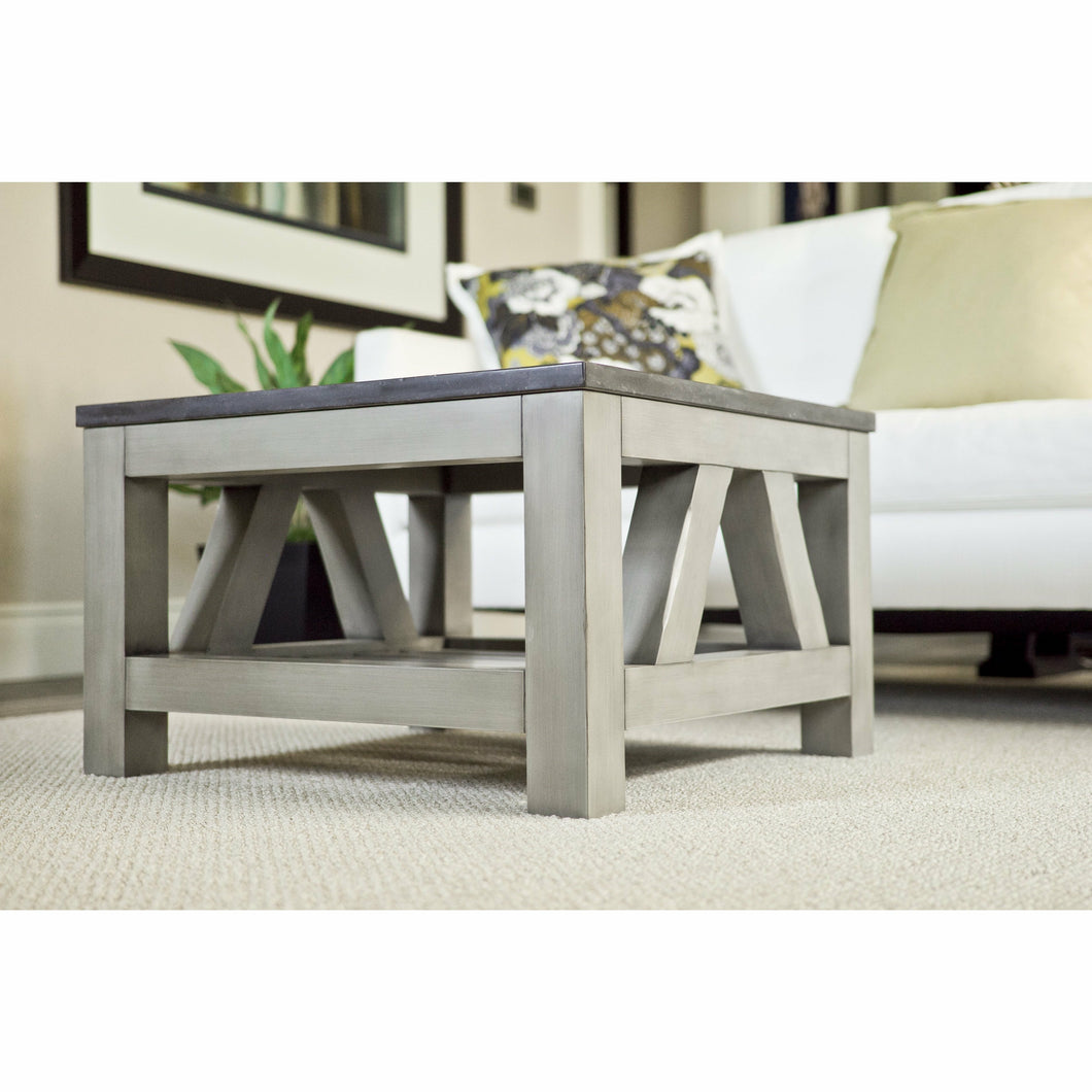Water Creation Aberdeen Collection 27 Inch By 27 Inch Blue Limestone Top Coffee Table in Grizzle Grey Distressed Finish- Water Creation