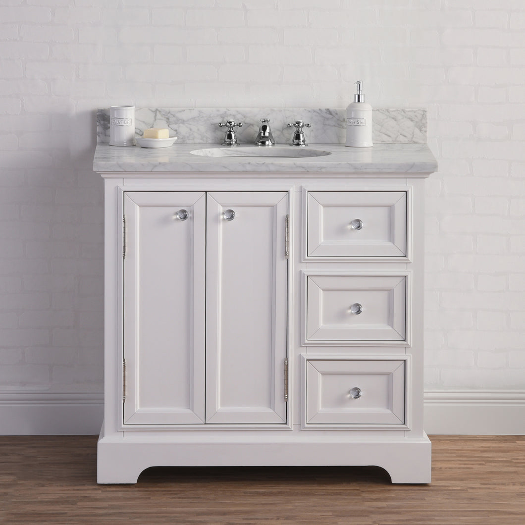 Water Creation 36 Inch Wide Pure White Single Sink Carrara Marble Bathroom Vanity With Matching Mirror And Faucet(s) From The Derby Collection- Water Creation