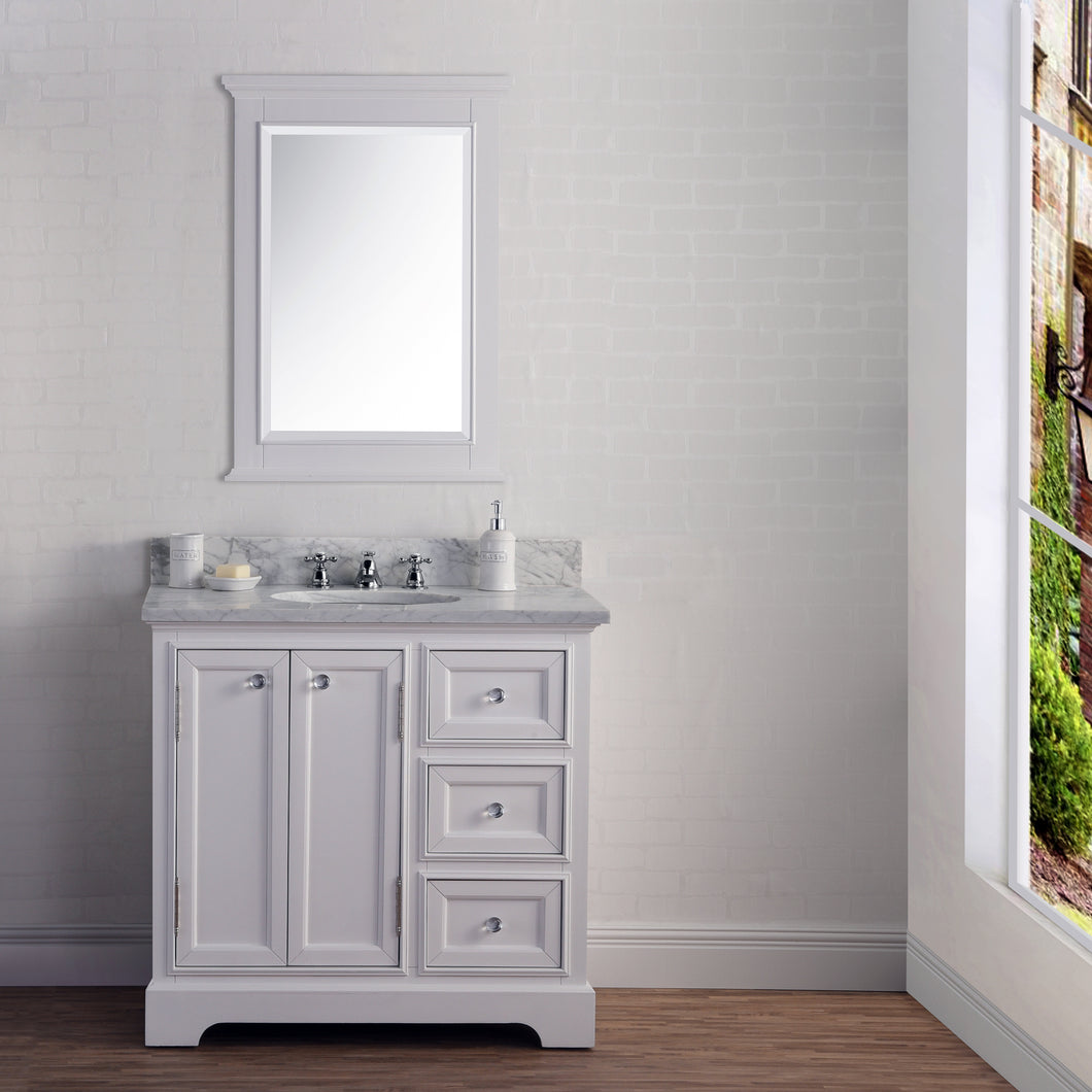 Water Creation 36 Inch Wide Pure White Single Sink Carrara Marble Bathroom Vanity With Faucets From The Derby Collection- Water Creation