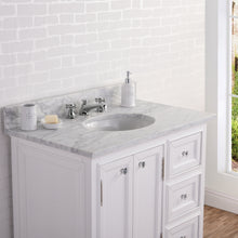 Load image into Gallery viewer, Water Creation 36 Inch Wide Pure White Single Sink Carrara Marble Bathroom Vanity With Faucets From The Derby Collection- Water Creation