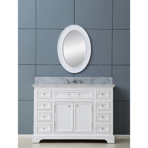 Water Creation 48 Inch Pure White Single Sink Bathroom Vanity With Matching Framed Mirror And Faucet From The Derby Collection- Water Creation