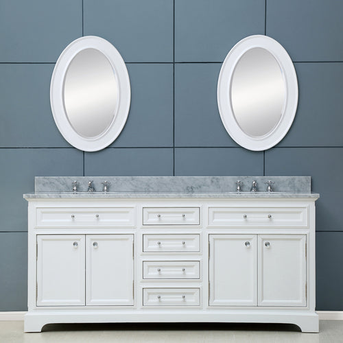 Water Creation 72 Inch Pure White Double Sink Bathroom Vanity With Matching Framed Mirrors And Faucets From The Derby Collection- Water Creation