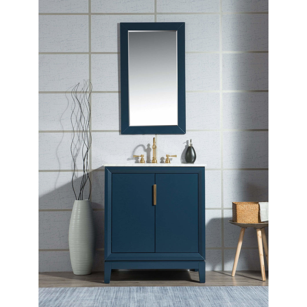 Water Creation Elizabeth 30-Inch Single Sink Carrara White Marble Vanity In Monarch Blue With Matching Mirror(s) and F2-0012-06-TL Lavatory Faucet(s)- Water Creation