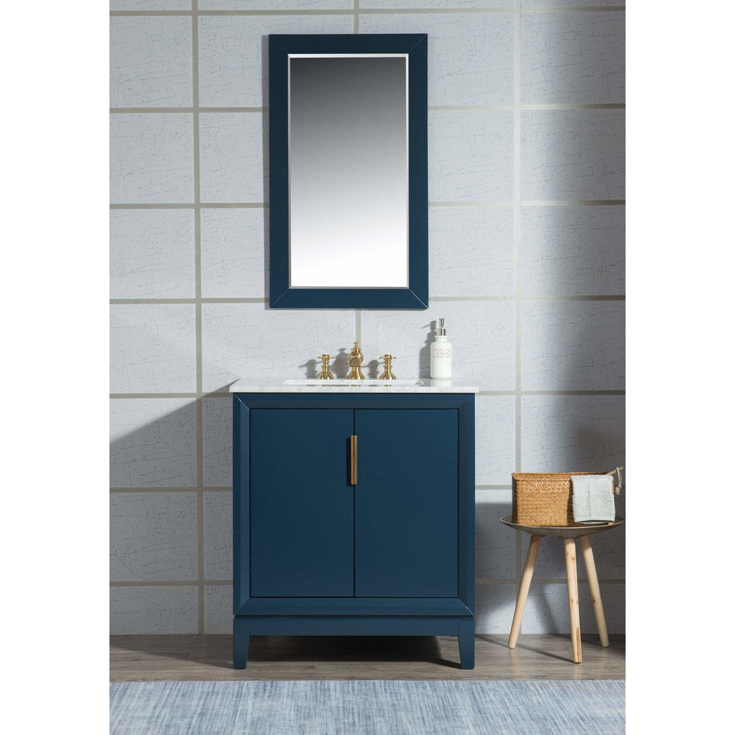 Water Creation Elizabeth 30-Inch Single Sink Carrara White Marble Vanity In Monarch Blue With Matching Mirror(s) and F2-0013-06-FX Lavatory Faucet(s)- Water Creation