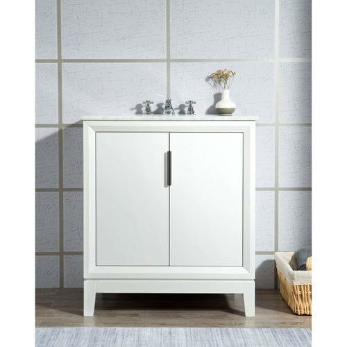 Water Creation Elizabeth 30-Inch Single Sink Carrara White Marble Vanity In Pure White With Matching Mirror(s) and F2-0009-01-BX Lavatory Faucet(s)- Water Creation
