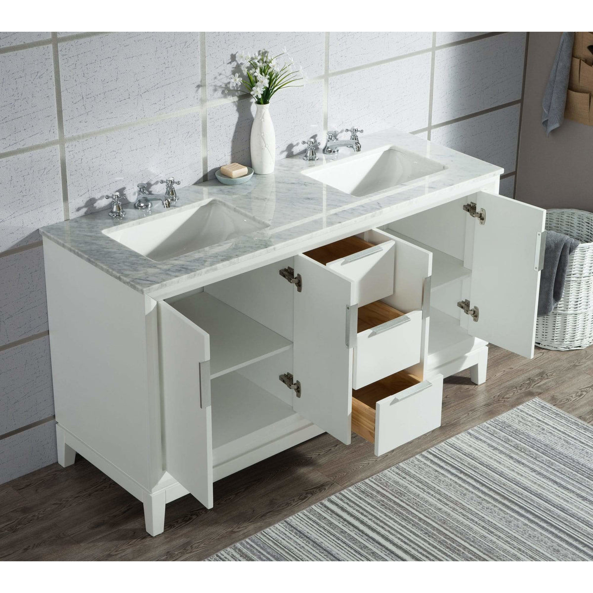 Water Creation Elizabeth 60-Inch Double Sink Carrara White Marble Vani