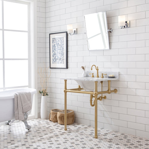 Water Creation Embassy 30 Inch Wide Single Wash Stand, P-Trap, Counter Top with Basin, F2-0012 Faucet and Mirror included in Satin Gold Finish- Water Creation