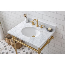 Load image into Gallery viewer, Water Creation Embassy 30 Inch Wide Single Wash Stand, P-Trap, Counter Top with Basin, and F2-0012 Faucet included in Satin Gold Finish- Water Creation