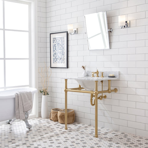 Water Creation Embassy 30 Inch Wide Single Wash Stand, P-Trap, Counter Top with Basin, F2-0013 Faucet and Mirror included in Satin Gold Finish- Water Creation