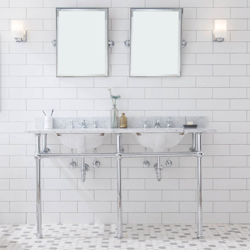 Water Creation Embassy 60 Inch Wide Double Wash Stand, P-Trap, Counter Top with Basin, F2-0009 Faucet and Mirror included in Chrome Finish- Water Creation