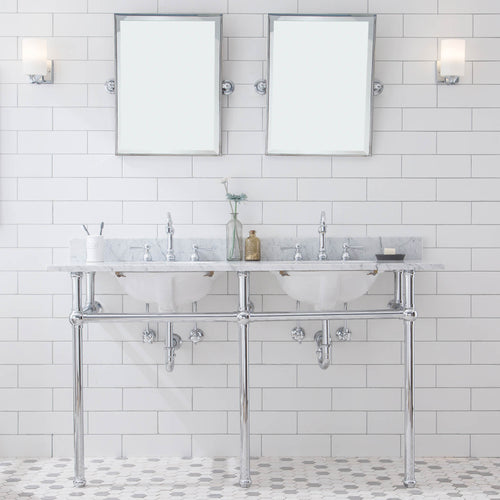 Water Creation Embassy 60 Inch Wide Double Wash Stand, P-Trap, Counter Top with Basin, F2-0012 Faucet and Mirror included in Chrome Finish- Water Creation
