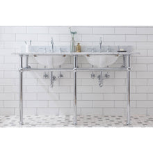 Load image into Gallery viewer, Water Creation Embassy 60 Inch Wide Double Wash Stand, P-Trap, Counter Top with Basin, and F2-0012 Faucet included in Chrome Finish- Water Creation