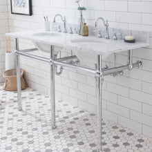 Load image into Gallery viewer, Water Creation Embassy 60 Inch Wide Double Wash Stand, P-Trap, Counter Top with Basin, and F2-0012 Faucet included in Chrome Finish- Water Creation