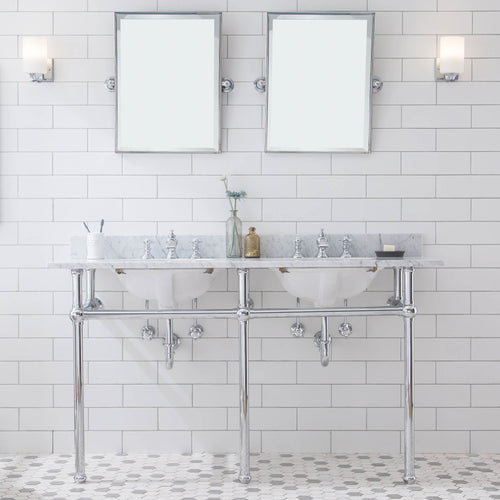 Water Creation Embassy 60 Inch Wide Double Wash Stand, P-Trap, Counter Top with Basin, F2-0013 Faucet and Mirror included in Chrome Finish- Water Creation