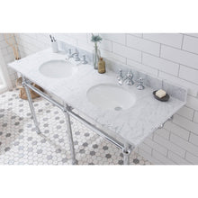 Load image into Gallery viewer, Water Creation Embassy 60 Inch Wide Double Wash Stand, P-Trap, Counter Top with Basin, and F2-0013 Faucet included in Chrome Finish- Water Creation