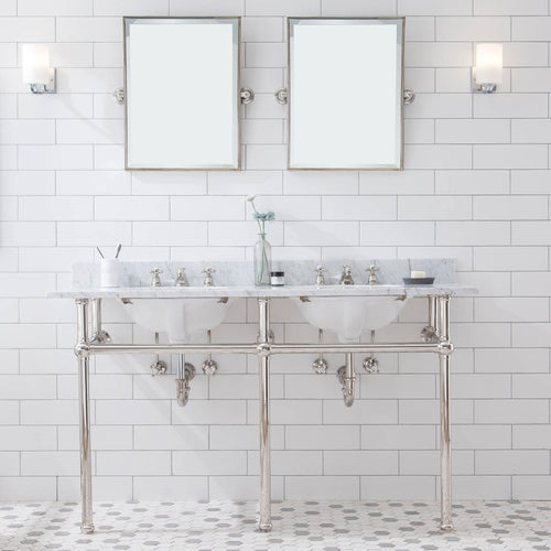 Water Creation Embassy 60 Inch Wide Double Wash Stand, P-Trap, Counter Top with Basin, and F2-0009 Faucet included in Polished Nickel (PVD) Finish- Water Creation