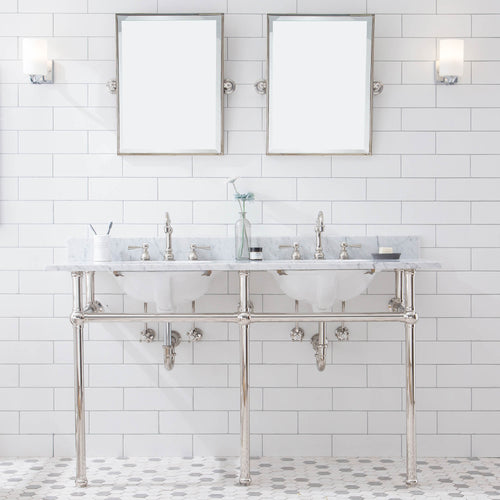 Water Creation Embassy 60 Inch Wide Double Wash Stand, P-Trap, Counter Top with Basin, F2-0012 Faucet and Mirror included in Polished Nickel (PVD) Finish- Water Creation