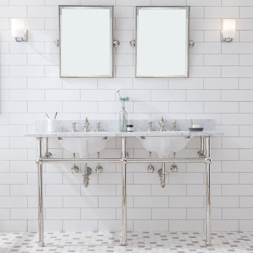 Water Creation Embassy 60 Inch Wide Double Wash Stand, P-Trap, Counter Top with Basin, F2-0013 Faucet and Mirror included in Polished Nickel (PVD) Finish- Water Creation