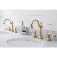 Load image into Gallery viewer, Water Creation Embassy 60 Inch Wide Double Wash Stand, P-Trap, Counter Top with Basin, and F2-0012 Faucet included in Satin Gold Finish- Water Creation