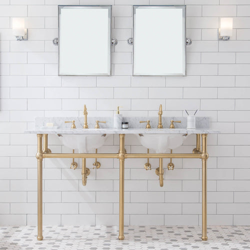 Water Creation Embassy 60 Inch Wide Double Wash Stand, P-Trap, Counter Top with Basin, F2-0012 Faucet and Mirror included in Satin Gold Finish- Water Creation