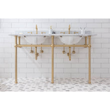 Load image into Gallery viewer, Water Creation Embassy 60 Inch Wide Double Wash Stand, P-Trap, and Counter Top with Basin included in Satin Gold Finish- Water Creation