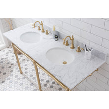 Load image into Gallery viewer, Water Creation Embassy 60 Inch Wide Double Wash Stand, P-Trap, and Counter Top with Basin included in Satin Gold Finish- Water Creation