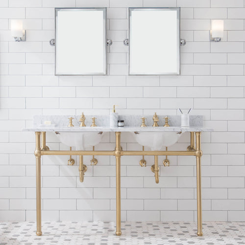 Water Creation Embassy 60 Inch Wide Double Wash Stand, P-Trap, Counter Top with Basin, F2-0013 Faucet and Mirror included in Satin Gold Finish- Water Creation