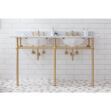 Load image into Gallery viewer, Water Creation Embassy 60 Inch Wide Double Wash Stand, P-Trap, Counter Top with Basin, and F2-0013 Faucet included in Satin Gold Finish- Water Creation