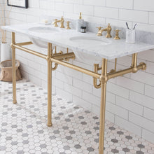 Load image into Gallery viewer, Water Creation Embassy 60 Inch Wide Double Wash Stand, P-Trap, Counter Top with Basin, and F2-0013 Faucet included in Satin Gold Finish- Water Creation
