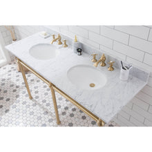 Load image into Gallery viewer, Water Creation Embassy 60 Inch Wide Double Wash Stand, P-Trap, Counter Top with Basin, and F2-0013 Faucet included in Satin Gold Finish- Water Creation