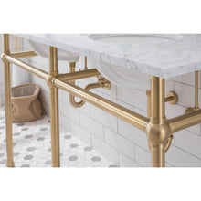 Load image into Gallery viewer, Water Creation Embassy 60 Inch Wide Double Wash Stand, P-Trap, Counter Top with Basin, and F2-0013 Faucet included in Satin Gold Finish- Water Creation