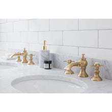 Load image into Gallery viewer, Water Creation Embassy 60 Inch Wide Double Wash Stand, P-Trap, Counter Top with Basin, and F2-0013 Faucet included in Satin Gold Finish- Water Creation