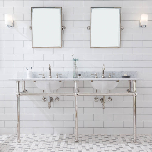 Water Creation Embassy 72 Inch Wide Double Wash Stand, P-Trap, Counter Top with Basin, and F2-0012 Faucet included in Polished Nickel (PVD) Finish- Water Creation