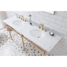 Load image into Gallery viewer, Water Creation Embassy 72 Inch Wide Double Wash Stand, P-Trap, and Counter Top with Basin included in Satin Gold Finish- Water Creation