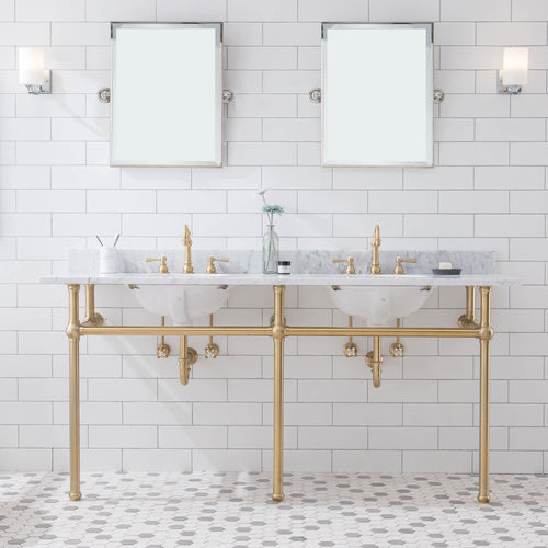 Water Creation Embassy 72 Inch Wide Double Wash Stand, P-Trap, Counter Top with Basin, and F2-0012 Faucet included in Satin Gold Finish- Water Creation