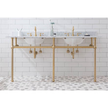 Load image into Gallery viewer, Water Creation Embassy 72 Inch Wide Double Wash Stand, P-Trap, Counter Top with Basin, F2-0012 Faucet and Mirror included in Satin Gold Finish- Water Creation