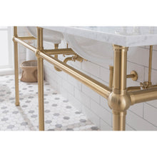 Load image into Gallery viewer, Water Creation Embassy 72 Inch Wide Double Wash Stand, P-Trap, Counter Top with Basin, and F2-0012 Faucet included in Satin Gold Finish- Water Creation