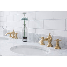 Load image into Gallery viewer, Water Creation Embassy 72 Inch Wide Double Wash Stand, P-Trap, Counter Top with Basin, and F2-0013 Faucet included in Satin Gold Finish- Water Creation