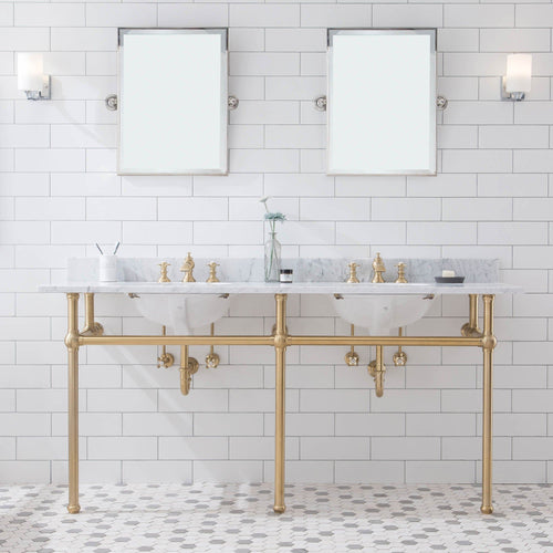 Water Creation Embassy 72 Inch Wide Double Wash Stand, P-Trap, Counter Top with Basin, and F2-0013 Faucet included in Satin Gold Finish- Water Creation